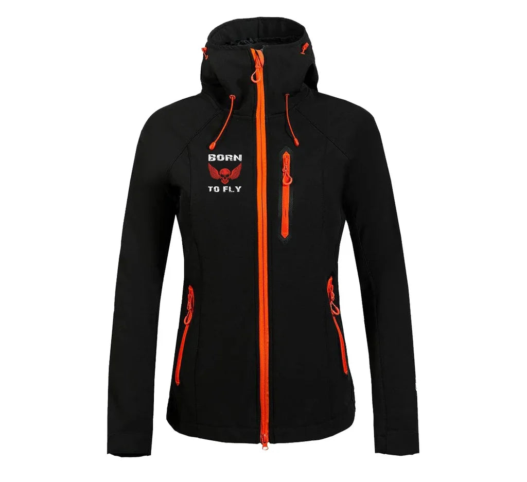 Born To Fly SKELETON "Women" aviation design printed on warm polar fleece with feminine fit women's polar jacket.