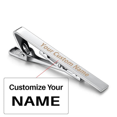 Custom Name aviation tie clip, stainless steel body with engraved detail.