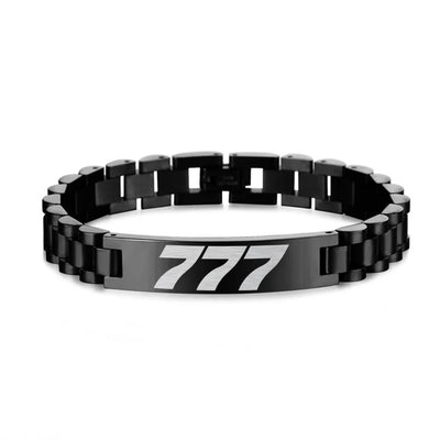 Boeing 777 Flat Text aviation chain bracelet, stainless steel body with engraved detail.