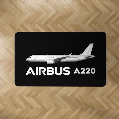 The Airbus A220 aviation design on durable carpet pile with non-slip backing rectangle carpet floor mat.