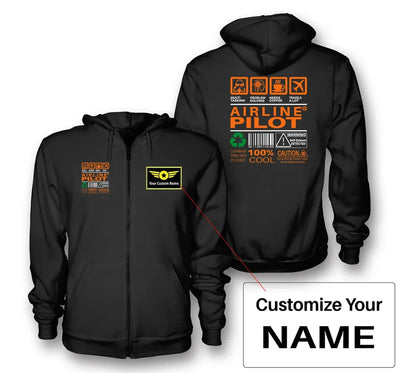Airline Pilot Label aviation design on soft cotton blend zipped hoodie.