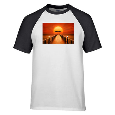 Airbus A380 Towards Sunset aviation design printed on soft cotton raglan T-shirt.