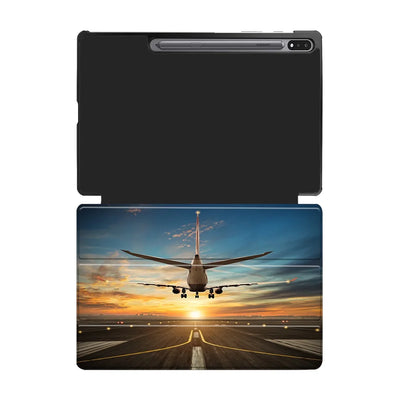 Airplane over Runway Towards the Sunrise aviation design on tablet case for Samsung tablet.