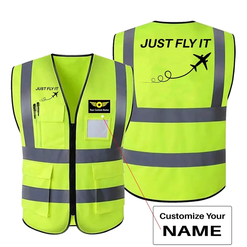 Just Fly It aviation design printed on high-visibility reflective fabric reflective vest.