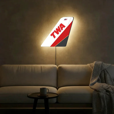 Trans World Airlines (TWA) aviation design on durable metal with LED aircraft tail wall art.