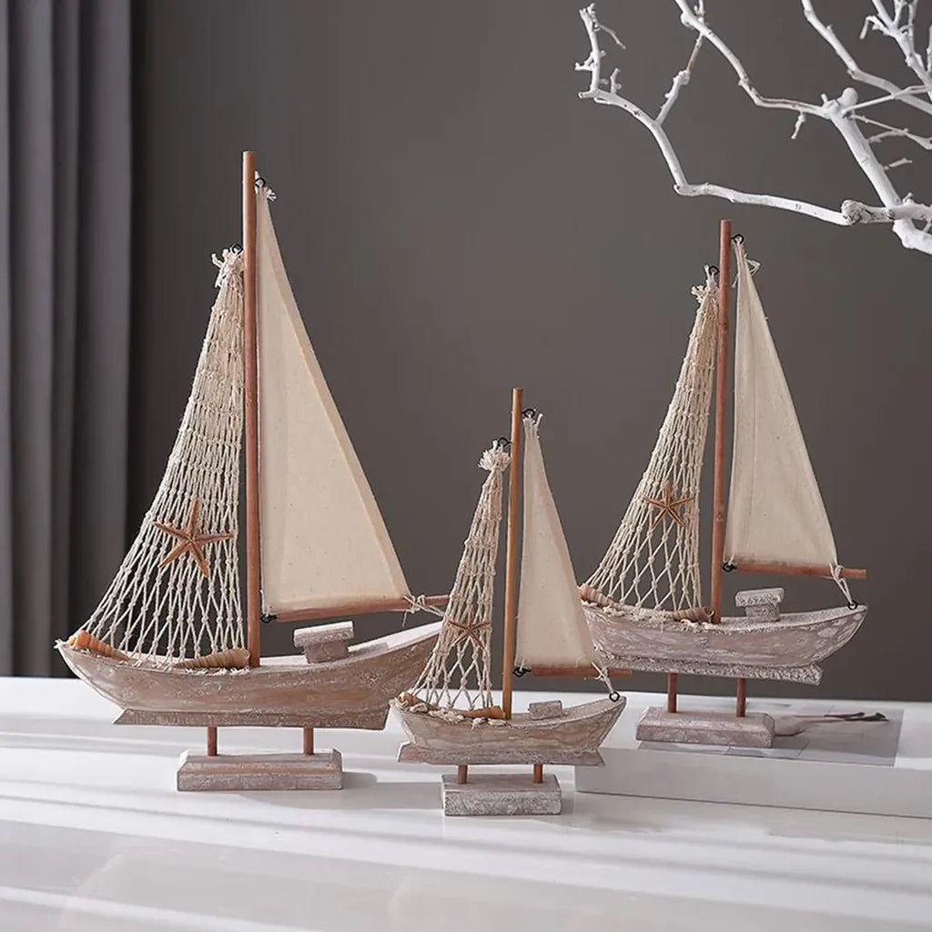 Side view of Retro with Display Base Nautical Wooden Sailboat Model Ornament aviation model ship in diecast metal or wood wit.