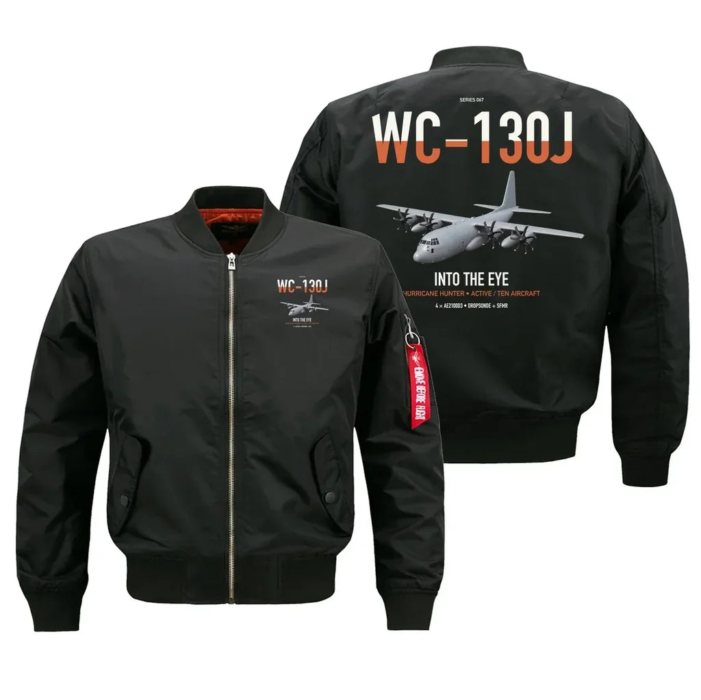 WC-130J Hurricane Hunter design on black bomber jacket, double-side print