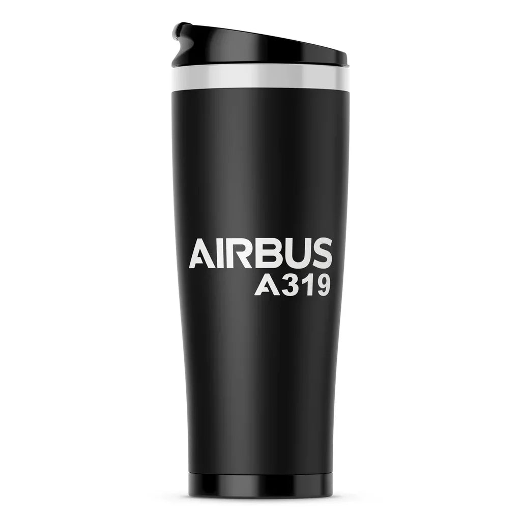Airbus A319 & Text aviation design on travel mug no-holder, insulated double-wall.