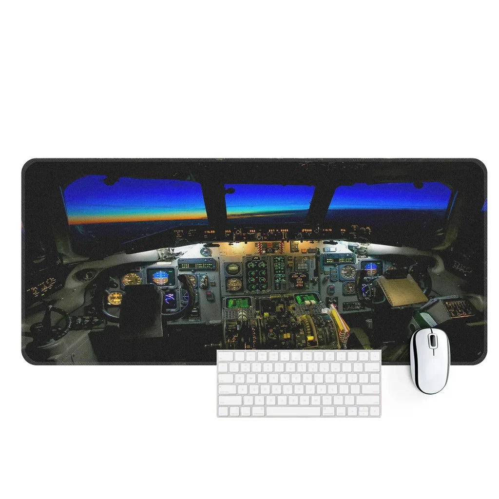 Cockpit at sunset aviation design on premium leather or neoprene desk mat.