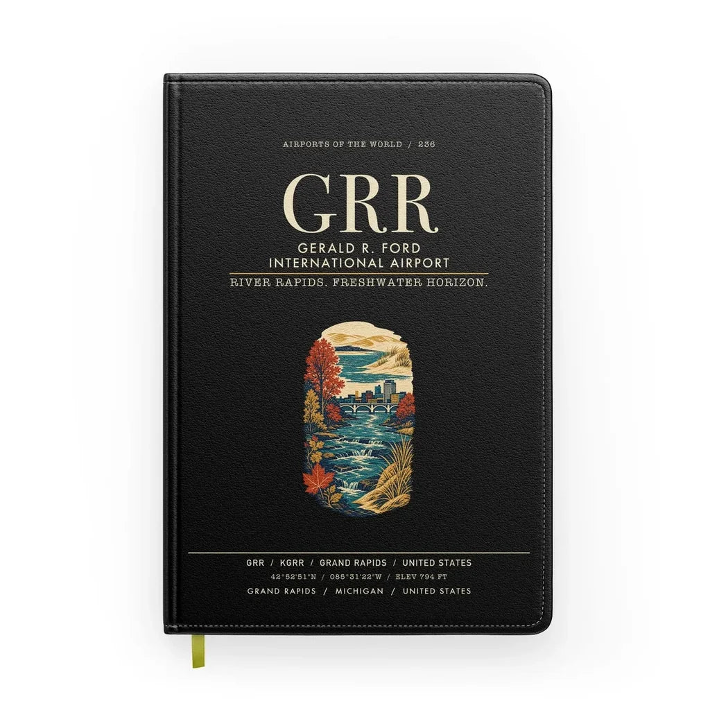 Gerald R. Ford International Airport Grand Rapids (GRR) design on black notebook