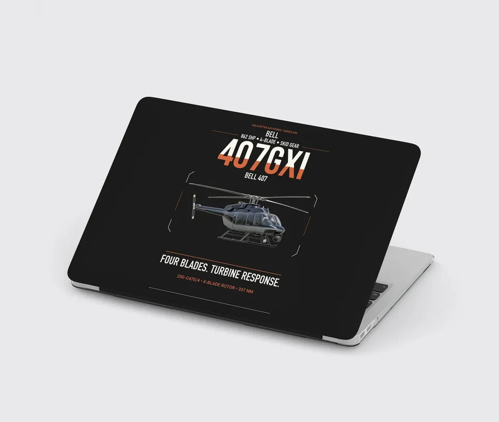 Bell 407GXi design on black MacBook case