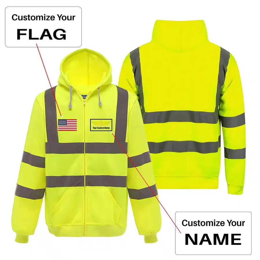 Custom Name (Badge 1) aviation design on cotton blend with reflective panels reflective zipped hoodie.