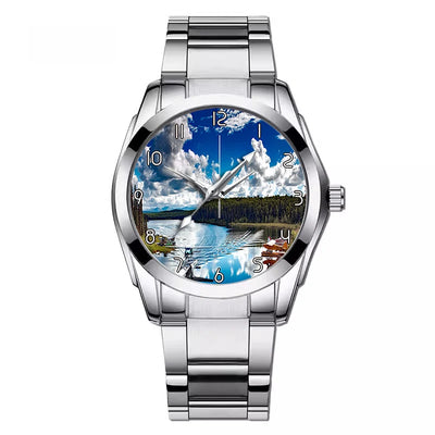 Amazing Scenary & Sea Planes aviation-themed watch with stainless steel band, polished stainless steel.