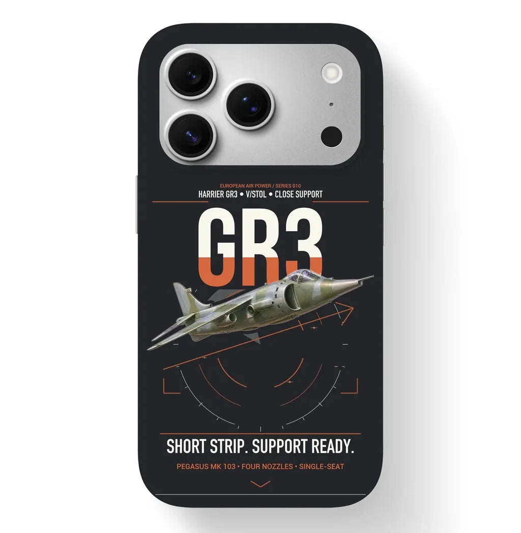 Hawker Siddeley Harrier GR3 design on black magsafe iphone case, for iPhone 17 Pro