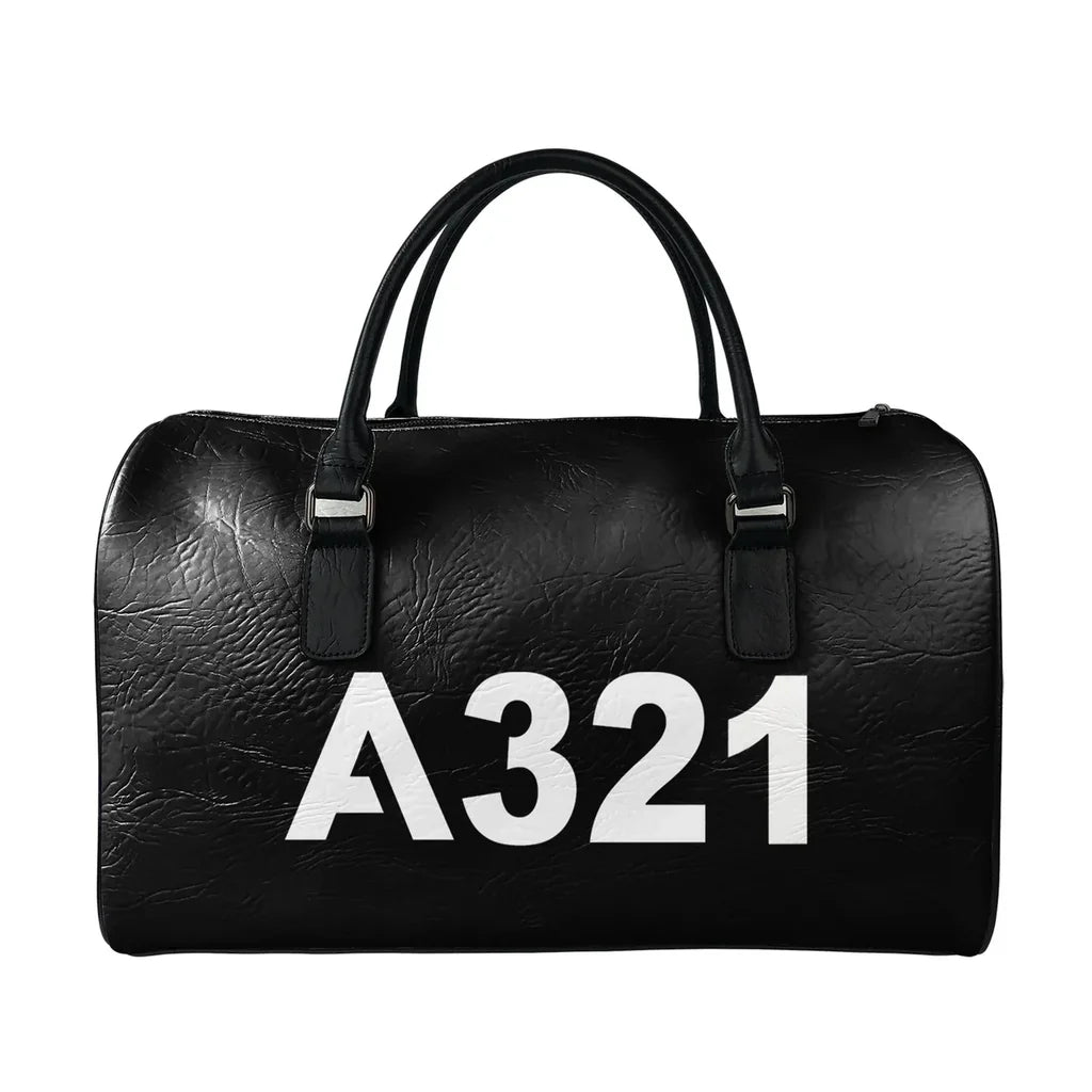 Airbus A321 Flat Text aviation design leather travel bag, full-grain leather construction.