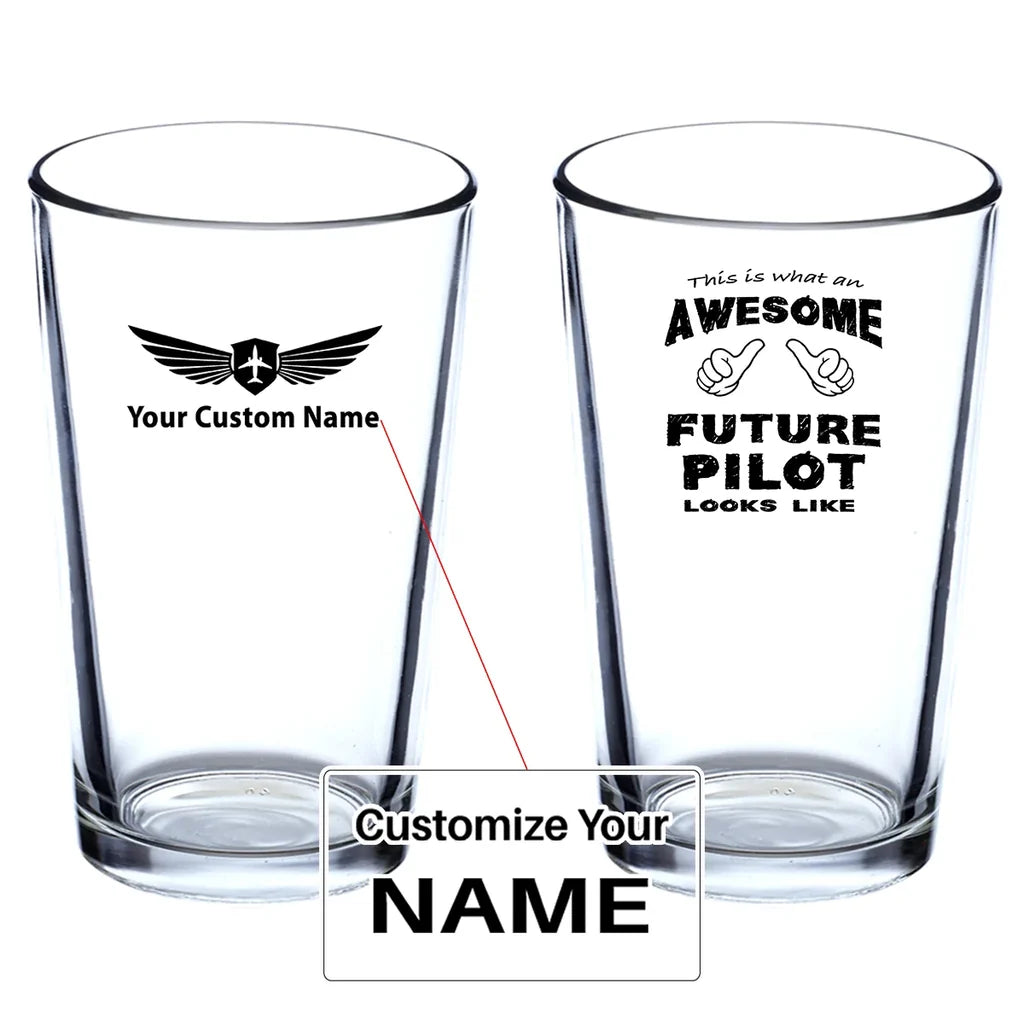 Future Pilot Beer & aviation design on beer water glass, versatile drinkware.