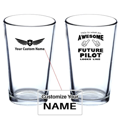 Future Pilot Beer & aviation design on beer water glass, versatile drinkware.