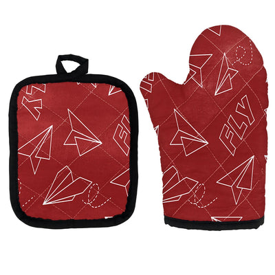 Paper Airplane & Fly (Red) Kitchen Glove & Holder aviation design on durable fabric with insulated lining kitchen glove holder.