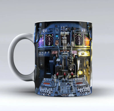 Boeing 737 Cockpit Printed aviation design on ceramic mug, premium ceramic with glazed finish.