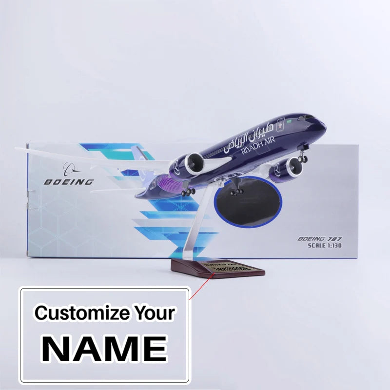 Side view of Riyadh Airline Boeing 787 Airplane Model (1/130 Scale) aviation LED model airplane in diecast metal with LED lig.