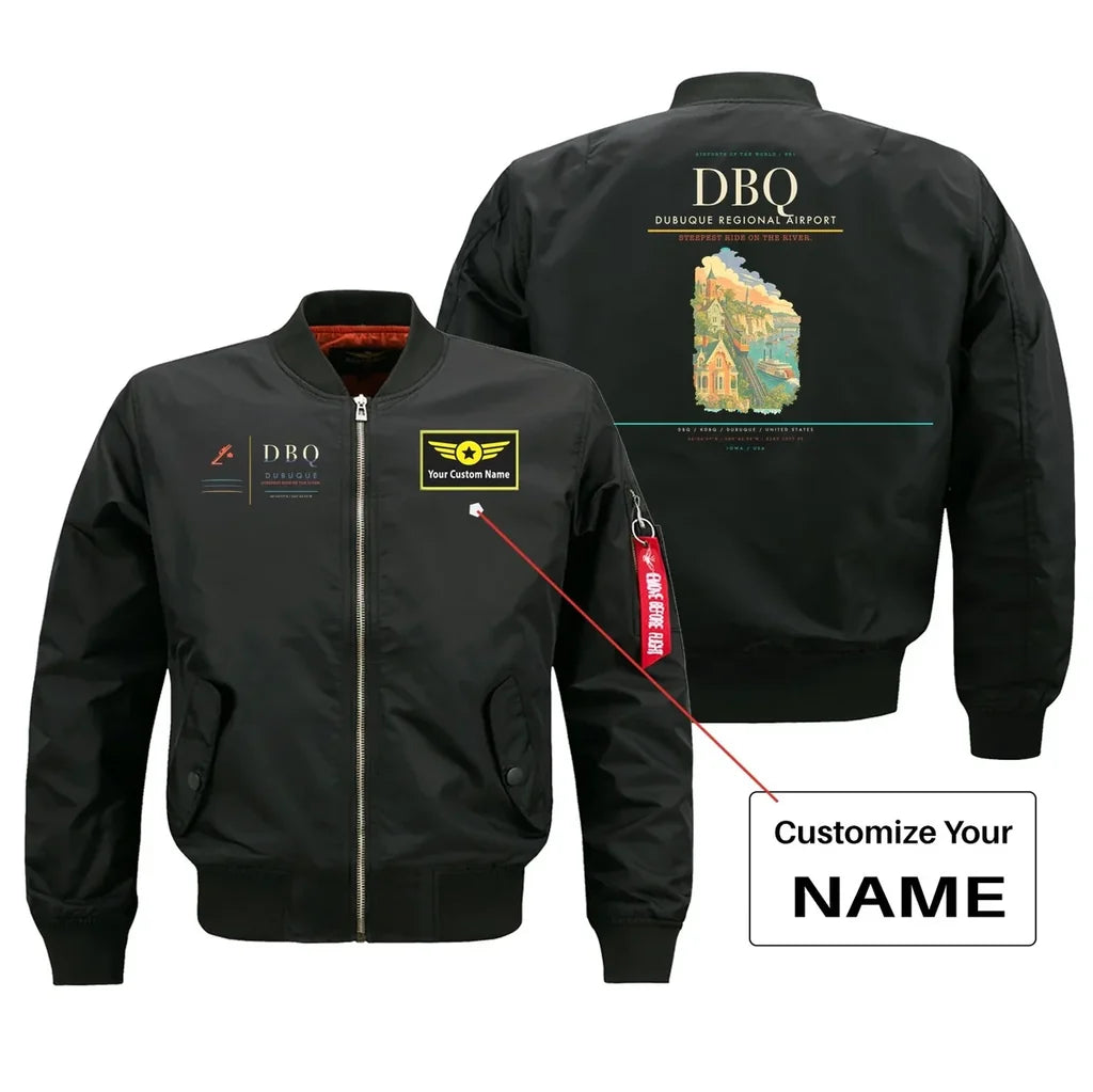Dubuque Regional Airport (DBQ) design on black bomber jacket with custom name patch