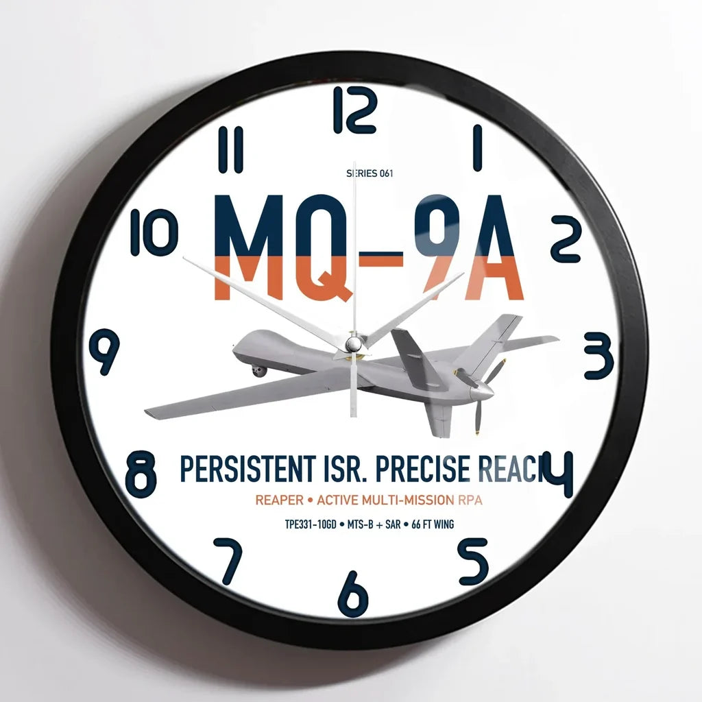 MQ-9A Reaper design on white framed wall clock