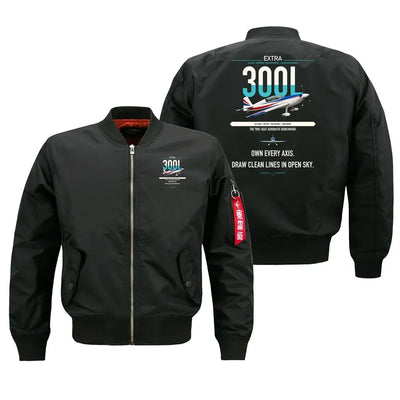 Extra 300L design on black bomber jacket, double-side print