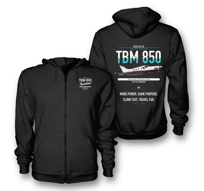 Socata TBM 850 design on black premium zipped hoodie, double-side print