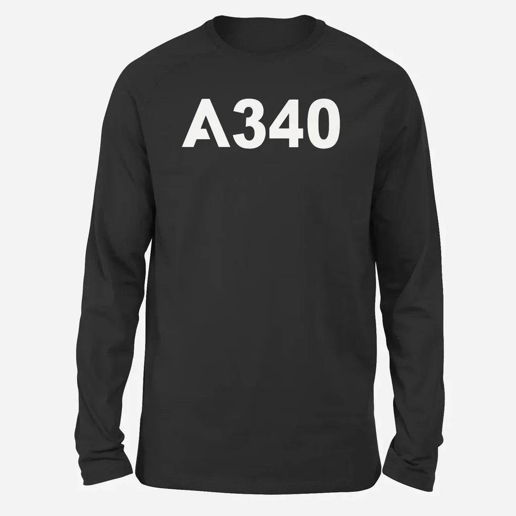 Airbus A340 Flat Text Long-Sleeve aviation design printed on soft cotton long-sleeve T-shirt.