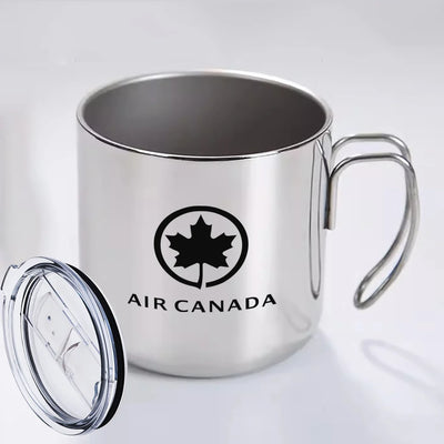 Air Canada aviation design on portable mug, vacuum-insulated double-wall.
