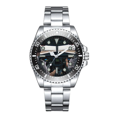 Departing Aircraft's Cockpit Luxury Aviators aviation aviator watch, premium stainless steel body with engraved detail.
