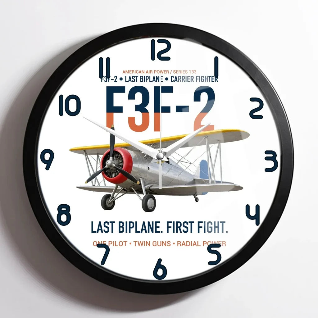 F3F-2 Last Biplane First Fight design on white framed wall clock