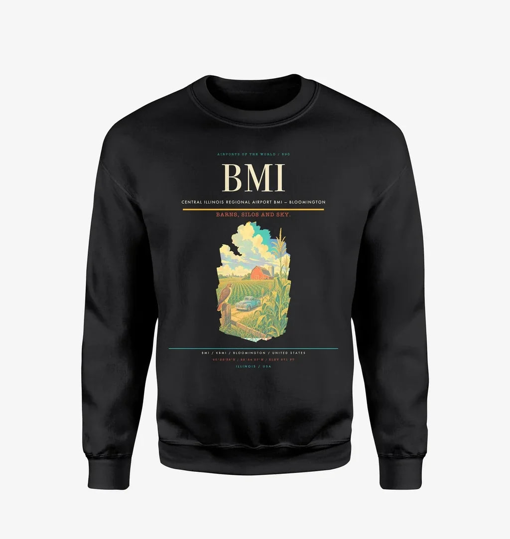 Central Illinois Regional Airport (BMI) design on black sweatshirt