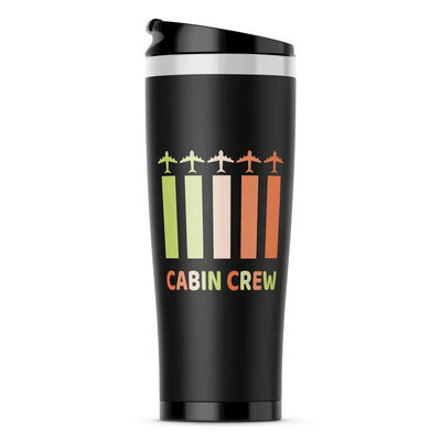 Colourful Cabin Crew aviation design on travel mug no-holder, insulated double-wall.