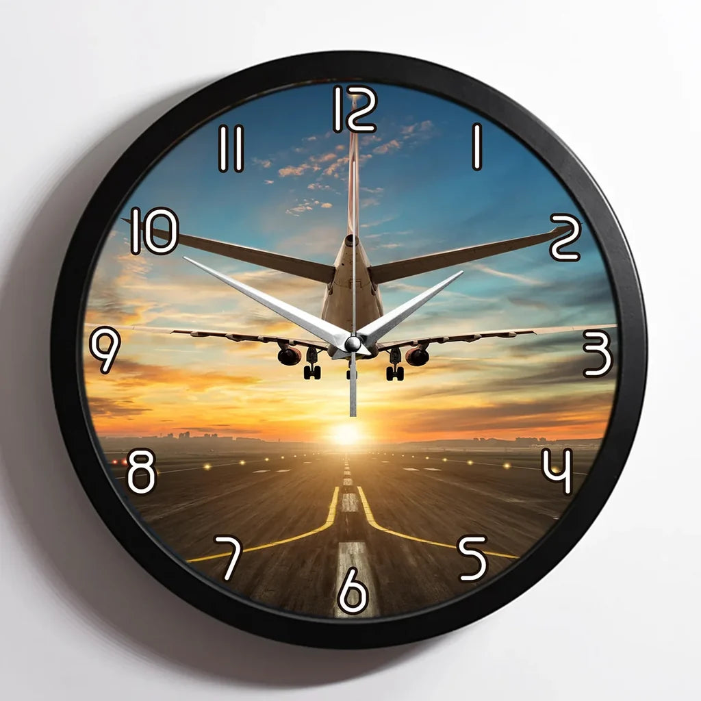 Airplane over Runway Towards the Sunrise aviation design on premium wood and metal wall clock.