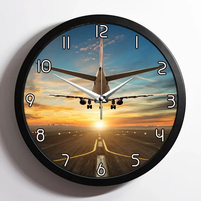Airplane over Runway Towards the Sunrise aviation design on premium wood and metal wall clock.