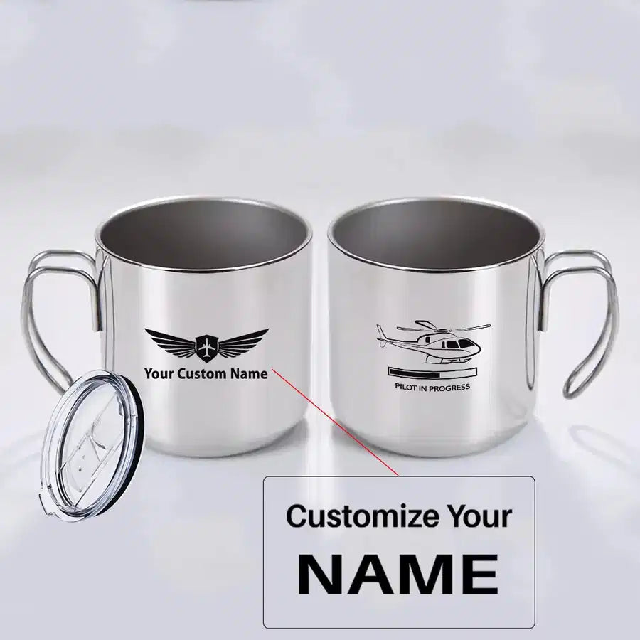 Pilot In Progress (Helicopter) aviation design on portable mug, vacuum-insulated double-wall.