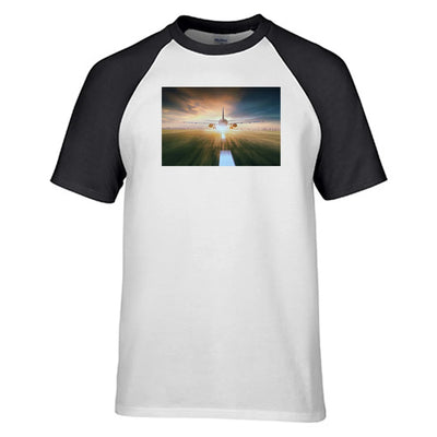 Airplane Flying Over Runway aviation design printed on soft cotton raglan T-shirt.