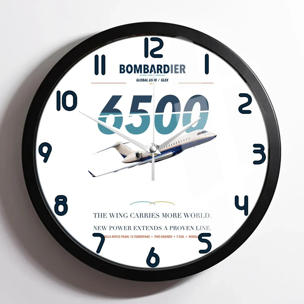 Bombardier Global 6500 design on white framed wall clock
