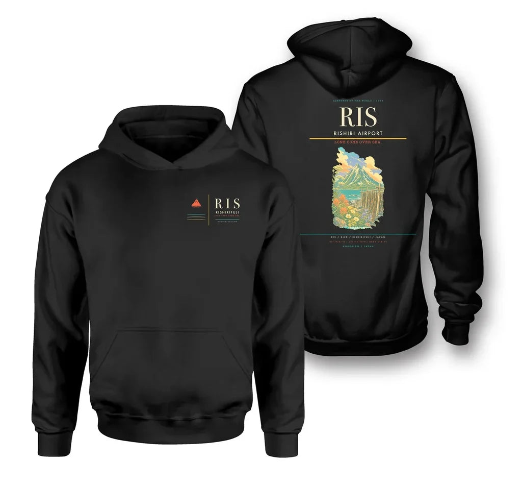 Rishiri Airport (RIS) design on black double-side hoodie