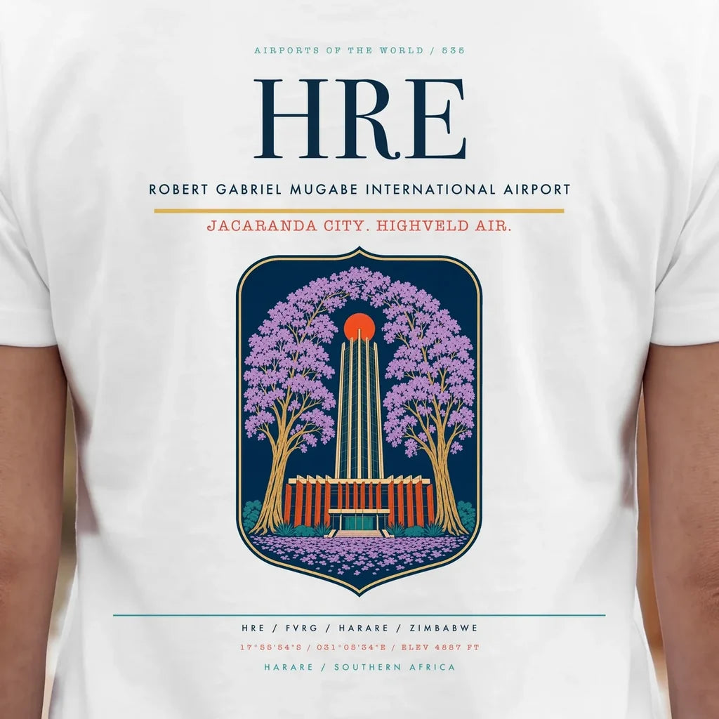 Robert Gabriel Mugabe International Airport (HRE) double-side t-shirt design close-up cover