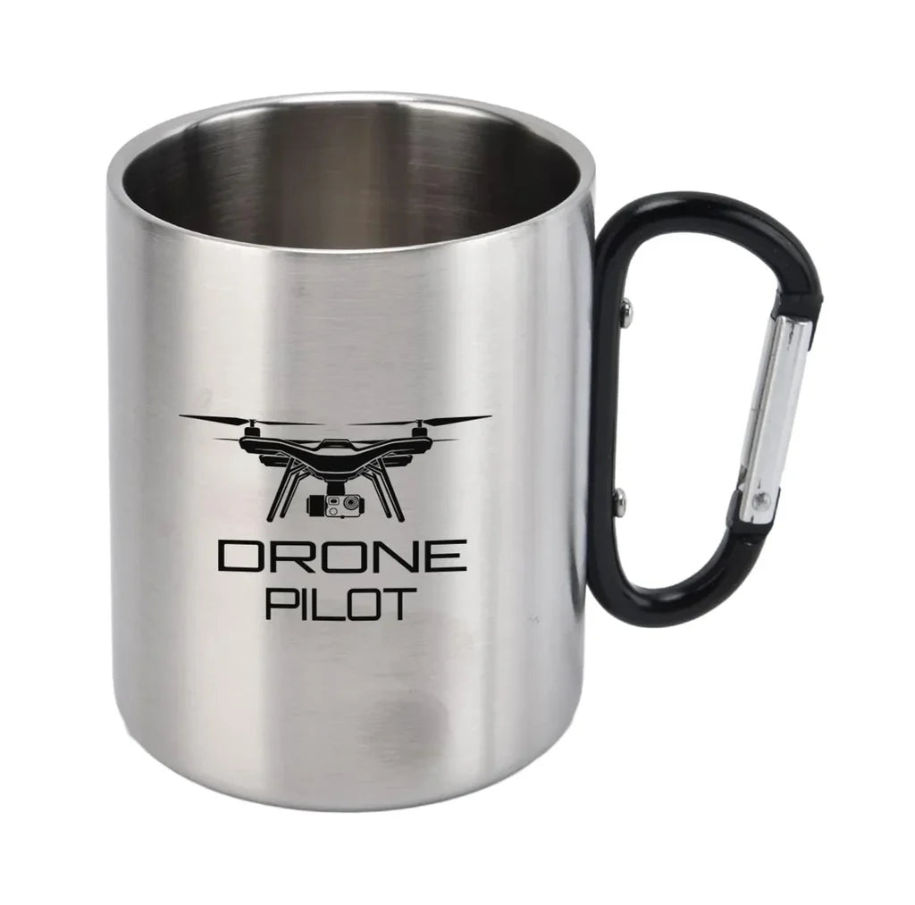 Drone aviation design on outdoor mug, durable insulated construction.