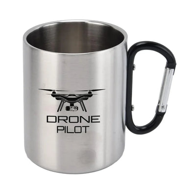 Drone aviation design on outdoor mug, durable insulated construction.