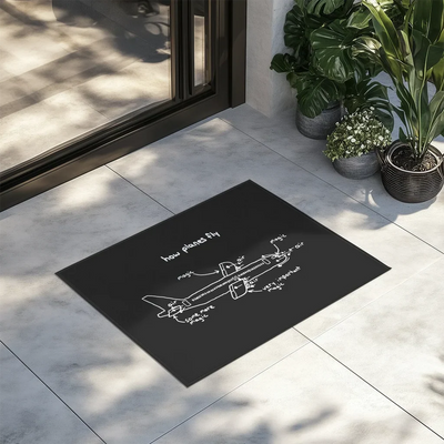 How Planes Fly aviation design on durable fibre with non-slip backing door mat.