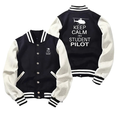 Student Pilot (Helicopter) Baseball Style aviation design printed on two-tone shell with ribbed cuffs baseball jacket.