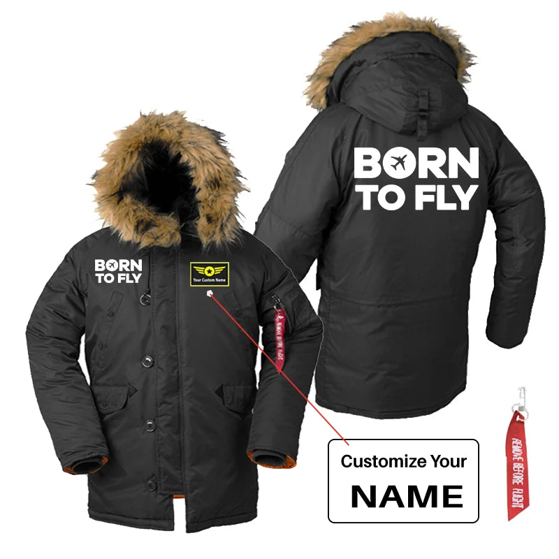 Born To Fly aviation design printed on heavyweight shell with hooded warmth parka bomber.
