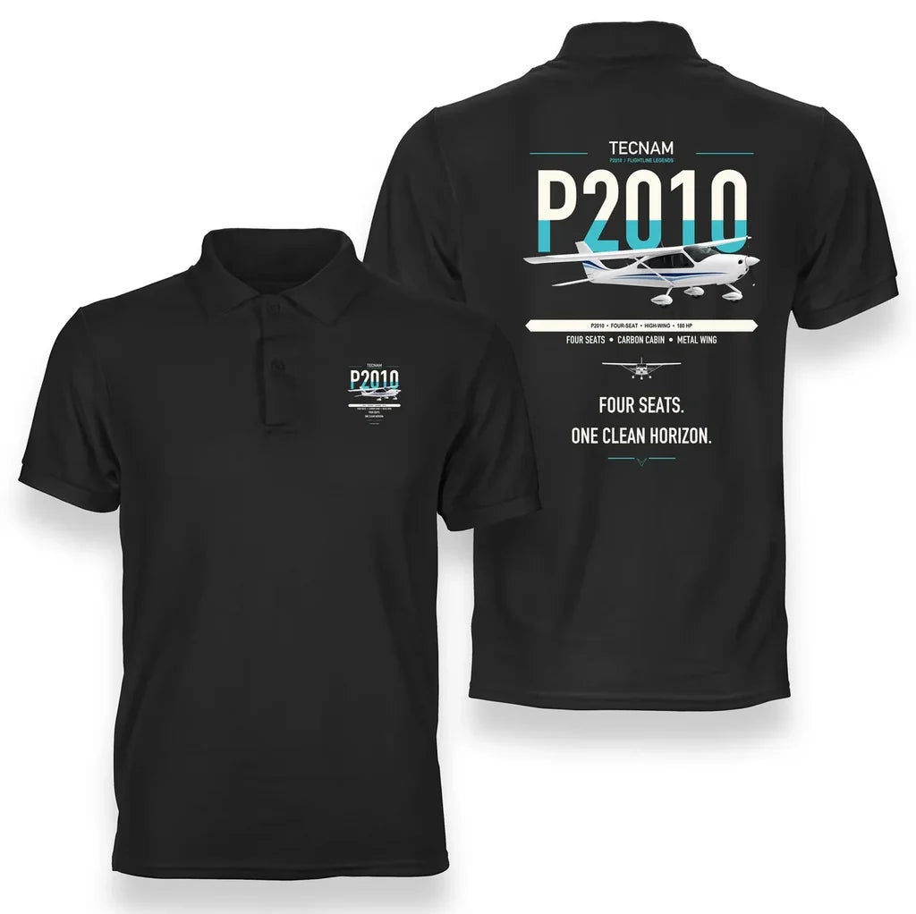 Tecnam P2010 design on black double-side polo t-shirt, double-side print
