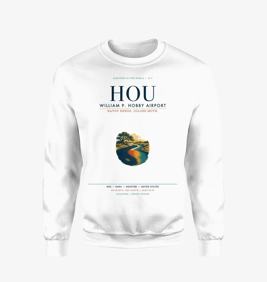 William P. Hobby Airport (HOU) design on white sweatshirt