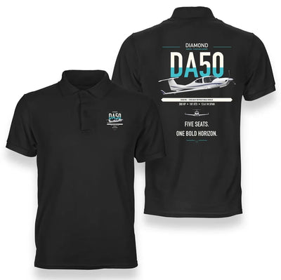 Diamond DA50 RG design on black double-side polo t-shirt, double-side print