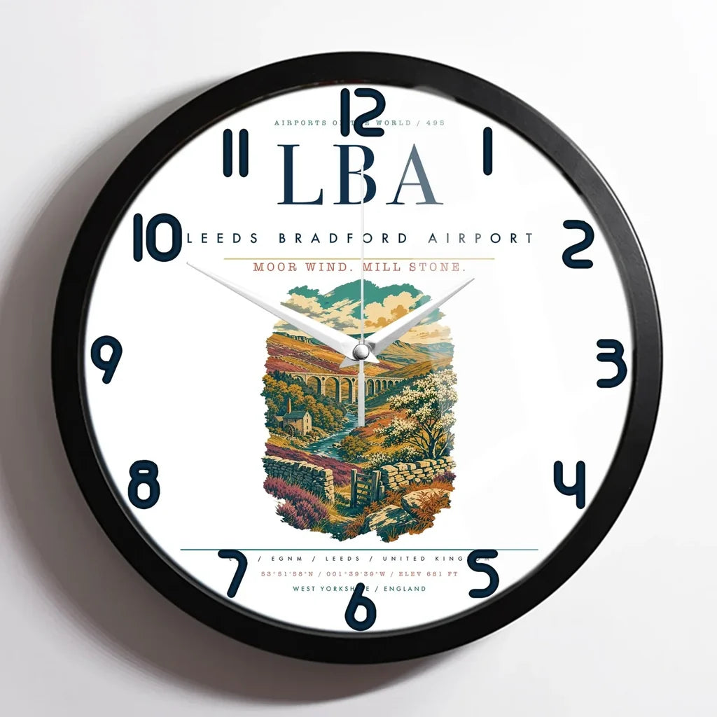 Leeds Bradford Airport (LBA) design on white framed wall clock